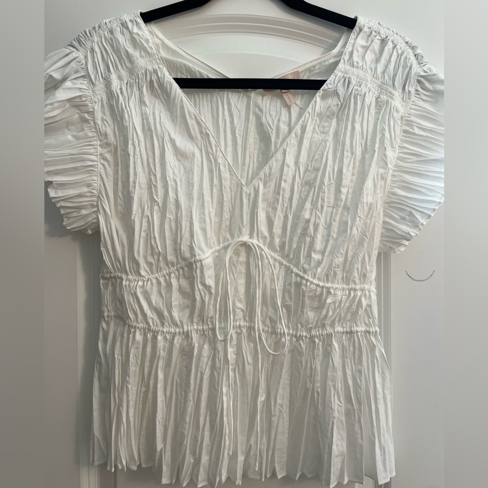 Rebecca Taylor White Crinkle Blouse with Flutter Sleeves